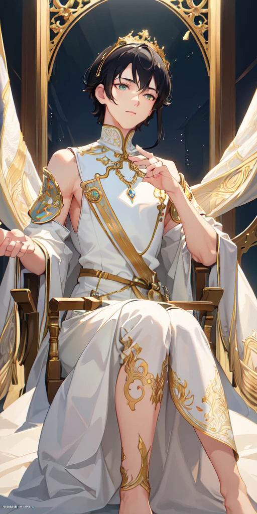 (Masterpiece:1.2), best quality, (illustration:1.2), (ultra-detailed), hyper details, (delicate detailed), (intricate details), (cinematic light, best quality Backlights), clear line, from below, soloist, perfect body, (1boy), black hair and green eyes, wolf hair, (king, white clothes), sitting on the throne, eyes slightly closed, head down, (shy: 1.2 ), (makeup), high contrast, (best illumination, an extremely create and beautiful), (cinematic light), colorful,