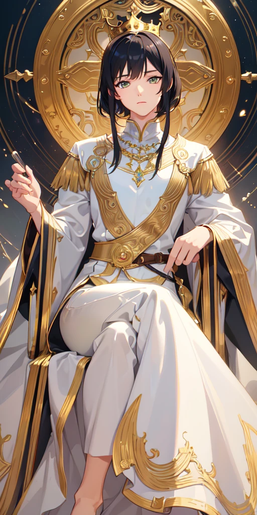 (Masterpiece:1.2), best quality, (illustration:1.2), (ultra-detailed), hyper details, (delicate detailed), (intricate details), (cinematic light, best quality Backlights), clear line, from below, soloist, perfect body, (1boy), black hair and green eyes, wolf hair, (king, white clothes), sitting on the throne, eyes slightly closed, head down, (shy: 1.2 ), (makeup), high contrast, (best illumination, an extremely create and beautiful), (cinematic light), colorful,