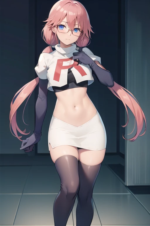 airisakura, airi sakura, blue eyes, glasses, long hair, pink hair, (low twintails:1.5),
BREAK glasses, team rocket,team rocket uniform,white skirt,red letter R,crop top,black thigh-highs,black elbow gloves,
BREAK looking at viewer, 
BREAK (masterpiece:1.2), best quality, high resolution, unity 8k wallpaper, (illustration:0.8), (beautiful detailed eyes:1.6), extremely detailed face, perfect lighting, extremely detailed CG, (perfect hands, perfect anatomy),