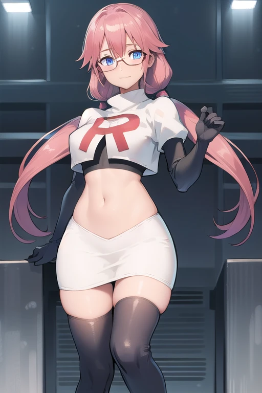 airisakura, airi sakura, blue eyes, glasses, long hair, pink hair, (low twintails:1.5),
BREAK glasses, team rocket,team rocket uniform,white skirt,red letter R,crop top,black thigh-highs,black elbow gloves,
BREAK looking at viewer, 
BREAK (masterpiece:1.2), best quality, high resolution, unity 8k wallpaper, (illustration:0.8), (beautiful detailed eyes:1.6), extremely detailed face, perfect lighting, extremely detailed CG, (perfect hands, perfect anatomy),