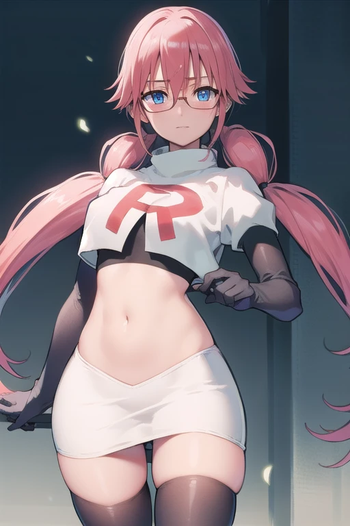 airisakura, airi sakura, blue eyes, glasses, long hair, pink hair, (low twintails:1.5),
BREAK glasses, team rocket,team rocket uniform,white skirt,red letter R,crop top,black thigh-highs,black elbow gloves,
BREAK looking at viewer,
BREAK (masterpiece:1.2), best quality, high resolution, unity 8k wallpaper, (illustration:0.8), (beautiful detailed eyes:1.6), extremely detailed face, perfect lighting, extremely detailed CG, (perfect hands, perfect anatomy),