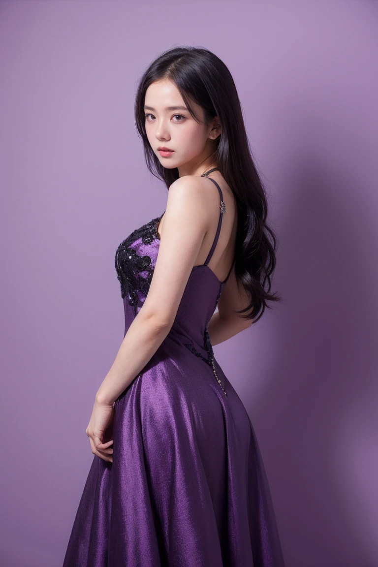 21yo girl, elegant dress, purple background