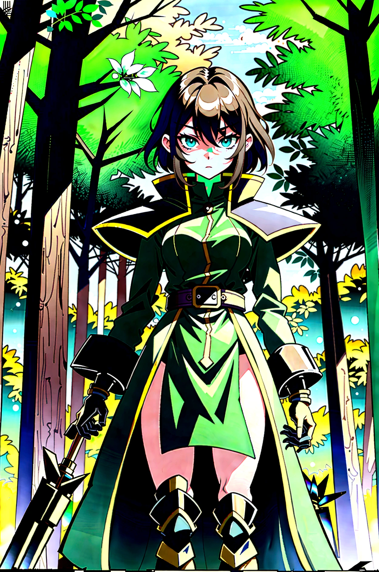 yuichiro hyakuya girl, expressive eyes, 1 girl, black hair, green eyes, brown coat, gray armor, elves, sylvan, green cloak, dark brown gloves, forest, fur trim, anime, standing, good quality, portrait, looking at viewer