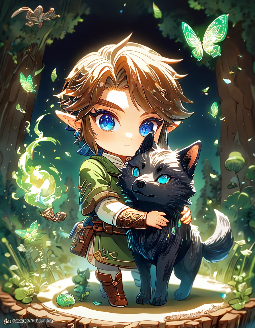 absurdres, highres, ultra detailed, HDR, master piece, best quality, extremely detailed, Link chibi, brown hair, expressive blue eyes, The Legend Of Zelda Twilight Princess, boy hugging a black wolf, cute, small, handsome, green tunic, magical, fantasy, magic, green fire, forest, glittering, green butterflies, green petals, green flowers