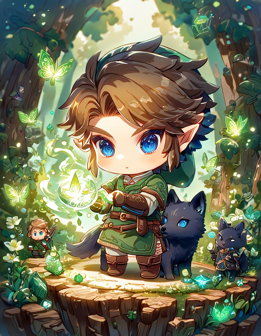 absurdres, highres, ultra detailed, HDR, master piece, best quality, extremely detailed, Link chibi, brown hair, expressive blue eyes, The Legend Of Zelda Twilight Princess, boy hugging a black wolf, cute, small, handsome, green tunic, magical, fantasy, magic, green fire, forest, glittering, green butterflies, green petals, green flowers