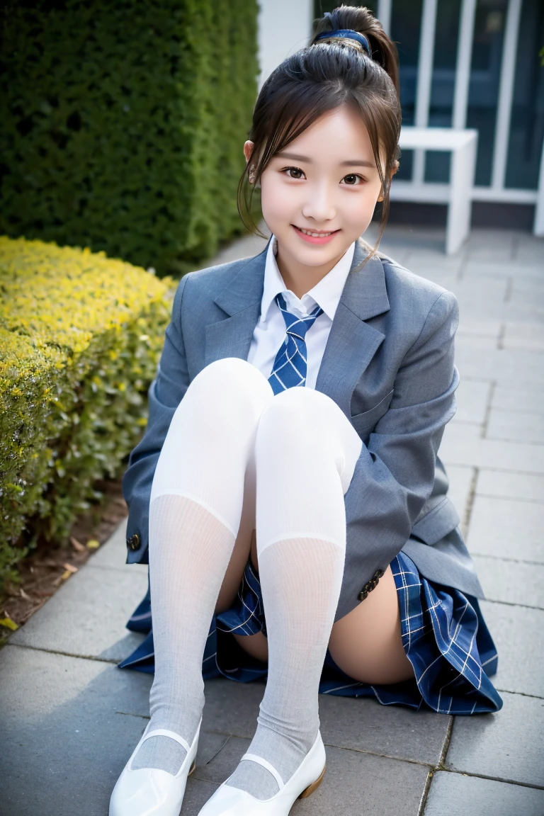 (8K), (highest quality: 1.2), (realistic), (realistic: 1.37), ultra high resolution, (1 girl), cute, smile, closed mouth, beautiful details, beautiful nose, wet hair, giant dulcefo, pork, thighs，Self snap,High school Student Uniform,(A simple navy blue blazer),pleated skirt,(The skirt and tie are gray tartan check pattern....:1.3),(sitting:1), sit on the ground,(hug your feet:1),white pantyhose,from the front,knees、loafers、Low - Angle、Checkered Pleated Skirt、Ponytail 1.2、Knee-high socks、barefoot、((Between the legs、White panties))