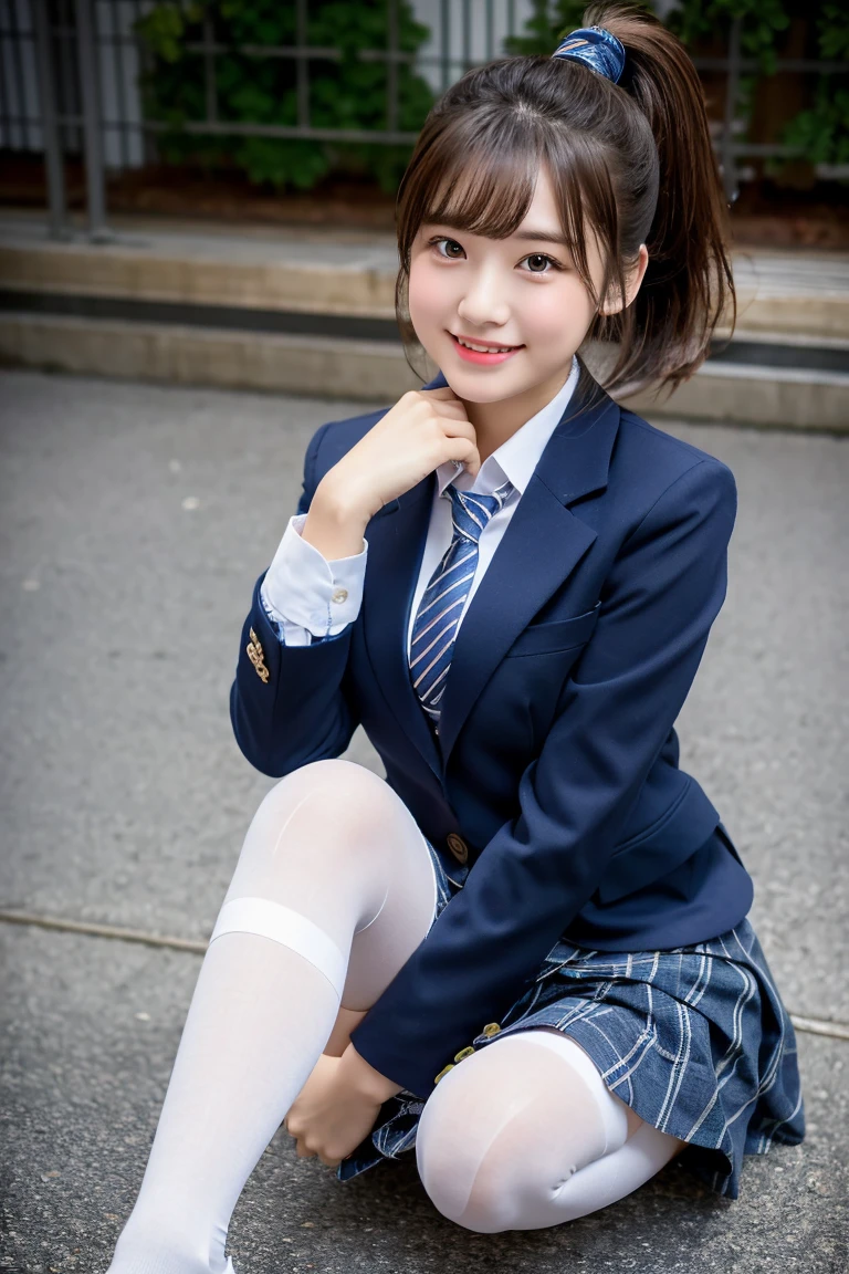 (8K), (highest quality: 1.2), (realistic), (realistic: 1.37), ultra high resolution, (1 girl), cute, smile, closed mouth, beautiful details, beautiful nose, wet hair, giant dulcefo, pork, thighs,Self snap,High school Student Uniform,(A simple navy blue blazer),pleated skirt,(The skirt and tie are gray tartan check pattern....:1.3),(sitting:1), sit on the ground,(hug your feet:1),white pantyhose,from the front,knees、loafers、Low - Angle、Checkered Pleated Skirt、Ponytail 1.2、Knee-high socks、barefoot、((Between the legs、White panties))