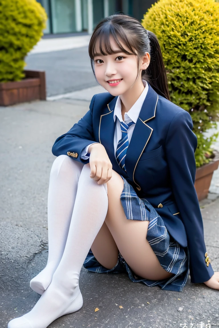 (8K), (highest quality: 1.2), (realistic), (realistic: 1.37), ultra high resolution, (1 girl), cute, smile, closed mouth, beautiful details, beautiful nose, wet hair, giant dulcefo, pork, thighs,Self snap,High school Student Uniform,(A simple navy blue blazer),pleated skirt,(The skirt and tie are gray tartan check pattern....:1.3),(sitting:1), sit on the ground,(hug your feet:1),white pantyhose,from the front,knees、loafers、Low - Angle、Checkered Pleated Skirt、Ponytail 1.2、Knee-high socks、barefoot、((Between the legs、White panties))