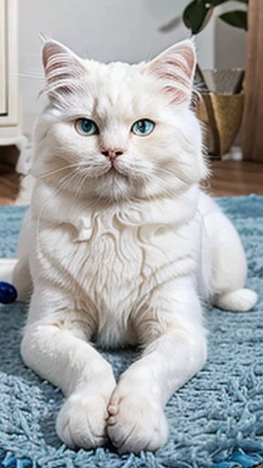 white persian cat, blue colored eyes, dense coat, on a shag rug 