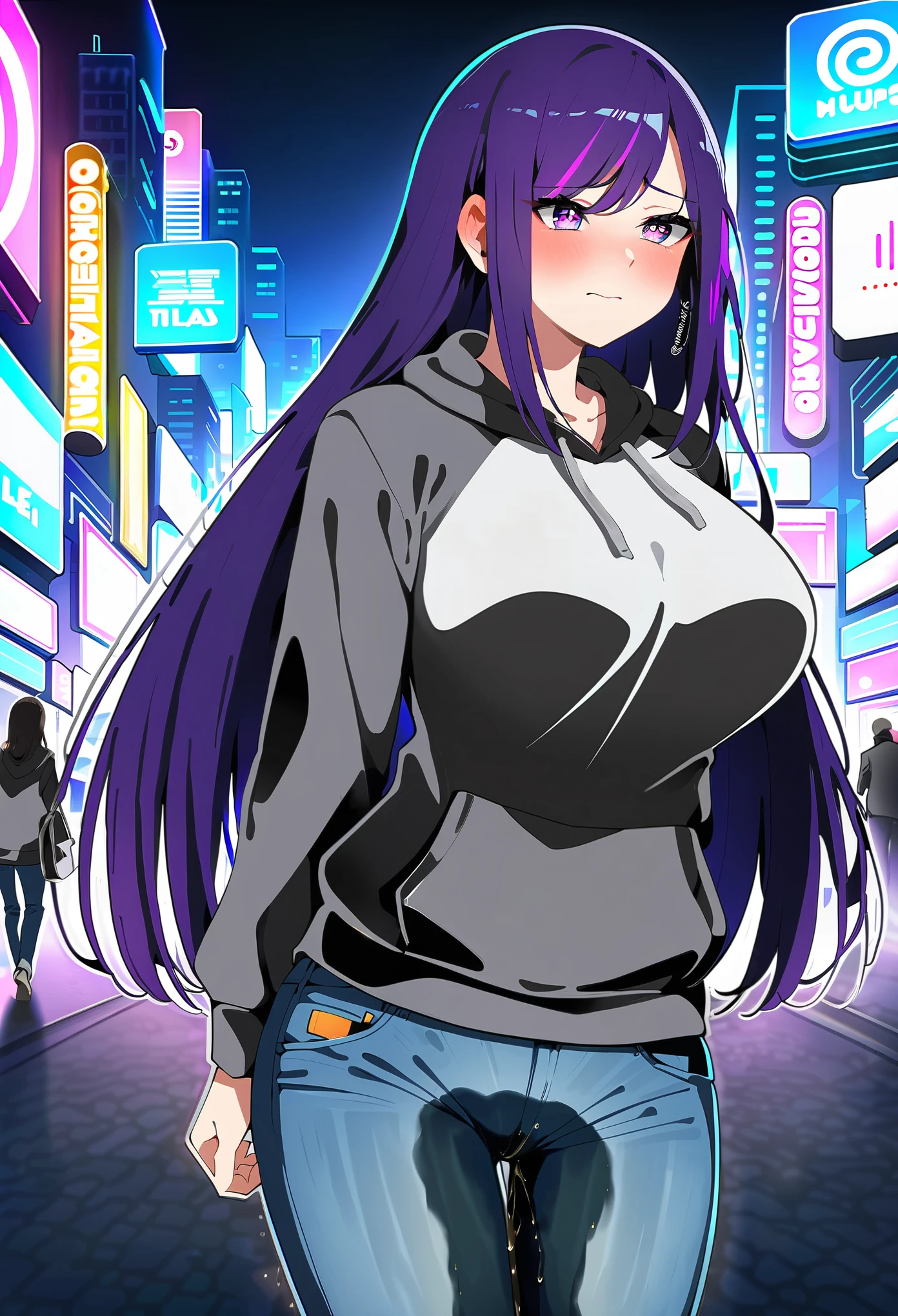 (masterpiece:1.37), best quality, (extremely detailed:1.37), woman, mature, adult, large breasts, very long hair, (straight hair:1.5), dark purple hair, purple eyes, (extremely detailed eyes:1.37), hoodie, jeans, desperation, (wetting: self 3.0), standing, embarrassed, humiliation, blushing, angry, city, futuristic, neon lighting, high-tech, street