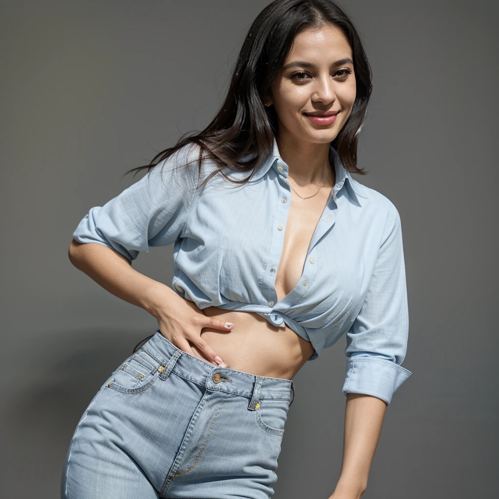 woman, Brazilian, 35 years old, straight black hair, captivating but modest smile. The casual set of yellow dress shirt, light blue women's suit and high-waisted jeans shows an elegant and serene woman.
Her hands rest on her waist, showing her nails painted with white nail polish, she rests with one hand on her waist and the other at her side. The dark gray background of the photo highlights your profile
High-quality, hyper-realistic image, 8K Ultra HD