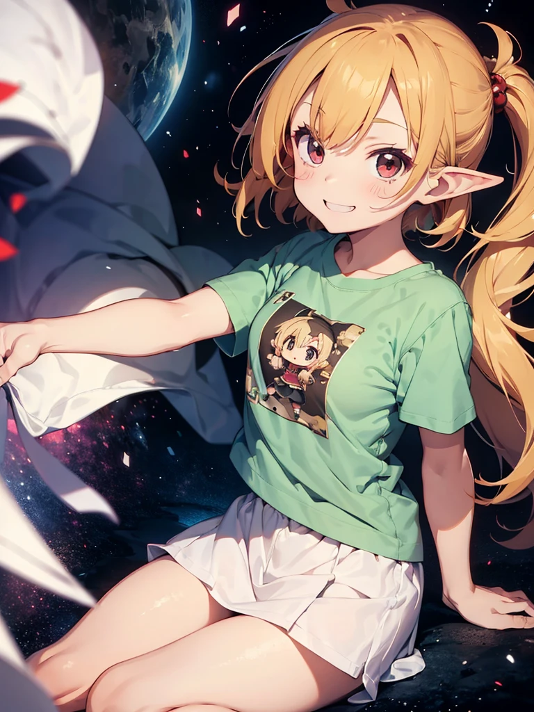 (chibi-style), an little cute elf girl, ((over large size t-shirts)), smile