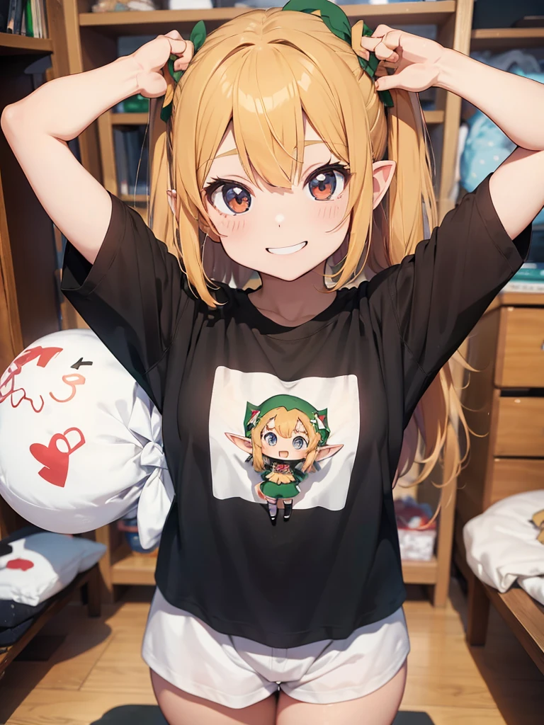 (chibi-style), an little cute elf girl, ((over large size t-shirts)), smile