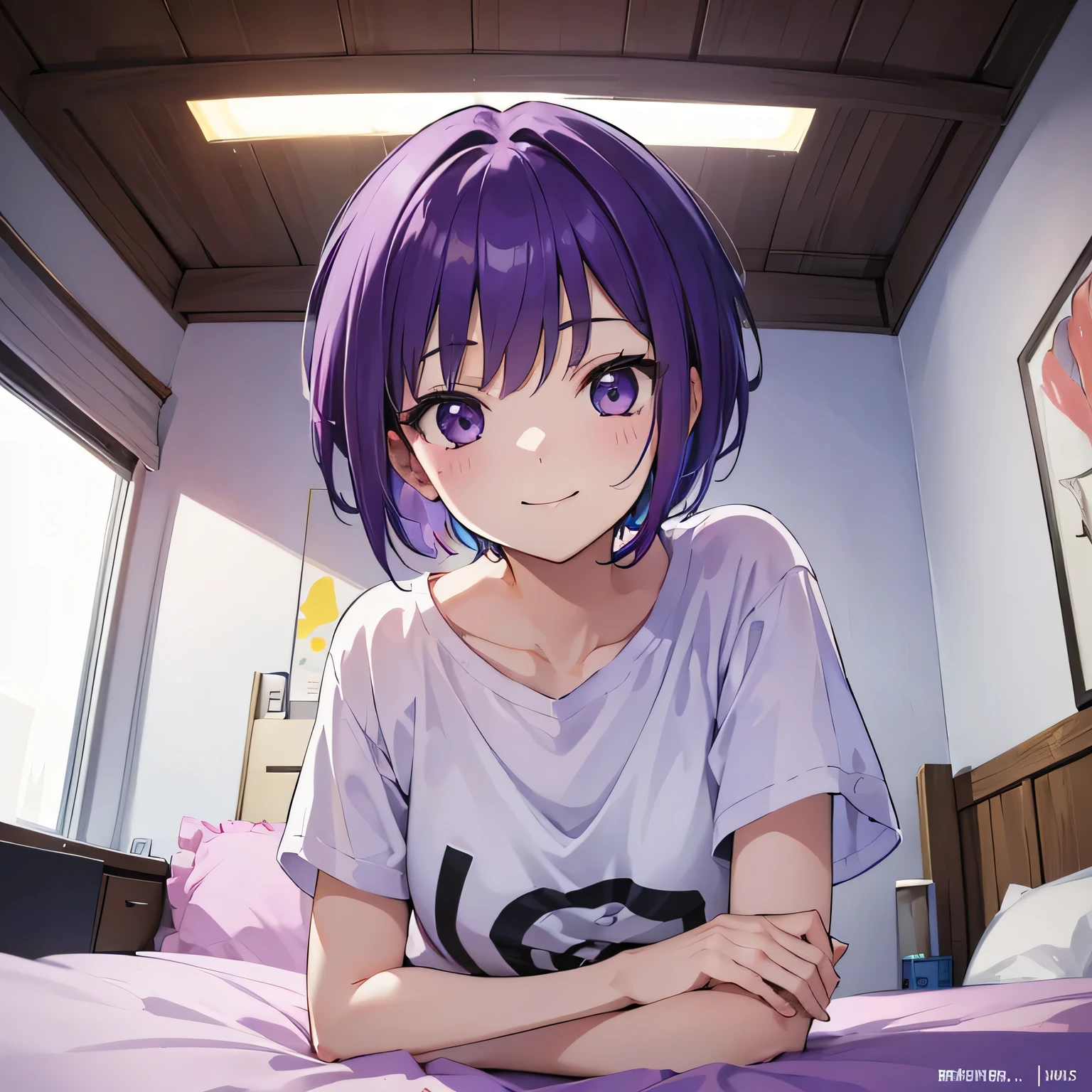 (T Masterpiece,4k wallpaper,Best Quality))、((girl1people))、(solo)、Bright and Brilliant,(Purple Hair)、(short hair:1.3)、smile、Bedroom、T-Shirtorning