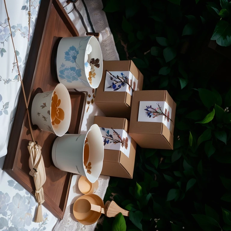 Three cups of tea and a box of tea on a tray, Drinking tea and paper lanterns, shot with Sony A 7 III, Product introduction photos, Product introduction photoss, Tea ceremony scene, Photos taken with Sony a7r, Shot with Sony a7r camera, Japanese Collectibles, Product photography, Product photography, Photos taken with Sony a7r camera