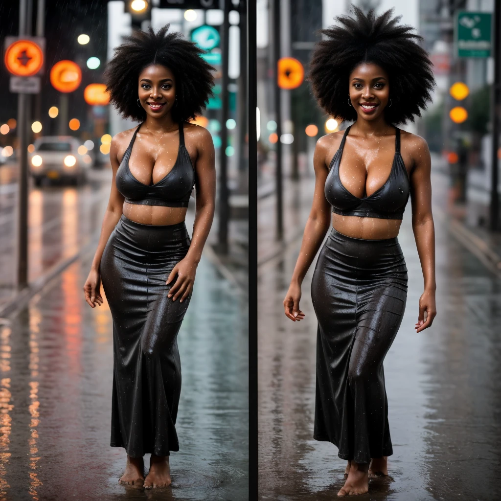 ((ONE GIRL)). best quality, ultra-detailed, hyper realistic, 8k, full body shot, 23 years old, Nigerian beautiful girl, round shaped face, dark black skin, highly detailed skin with blemishes, ebony, dark natural afro hair, fit athletic figure, full body, big natural E cup breasts, big butt, wide hips, under the rain, wearing a sexy wet T-shirt, loose long skirt, cleavage, wet skin, smiling, in the city streets at night, city lights as background