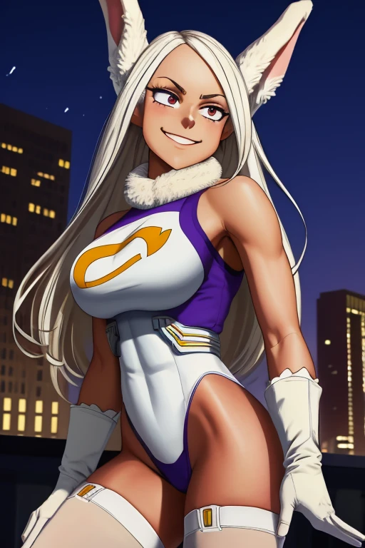 scan, (extremely detailed CG unity 8k wallpaper:1.1), highres, ambient light, (1girl), mirkomha, boku no hero academia, rabbit ears, ((dark-skinned female)), ((dark skin)), red eyes, sleeveless, white gloves, highleg leotard, (white hair, long hair), large breasts, fur collar, purple thighhighs, white leotard, city, night, looking at viewer, smirk