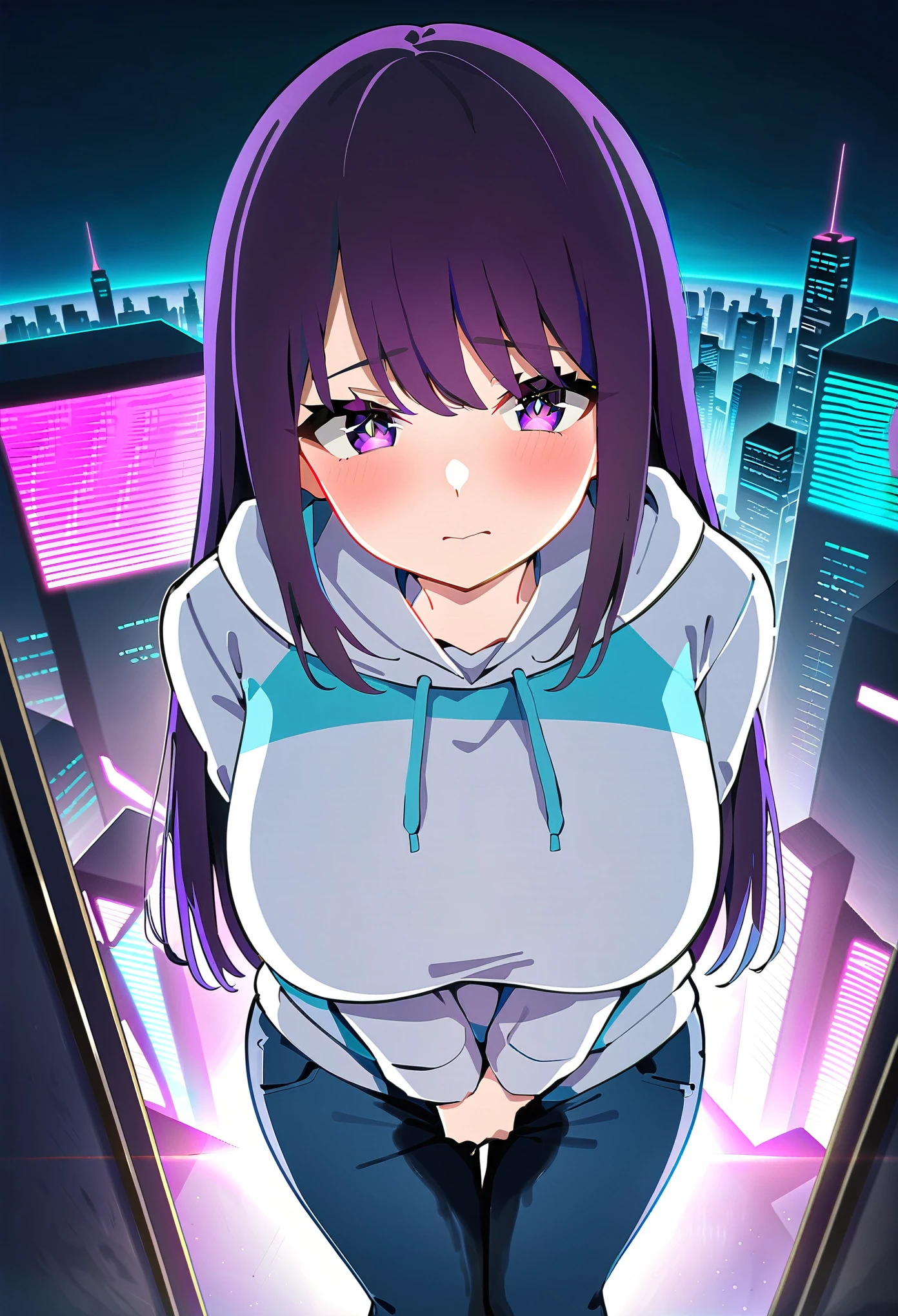 (masterpiece:1.37), best quality, (extremely detailed:1.37), woman, mature, adult, large breasts, very long hair, (straight hair:1.5), dark purple hair, purple eyes, (extremely detailed eyes:1.37), hoodie, jeans, desperation, (wetting: self 3.0), standing, embarrassed, humiliation, blushing, angry, city, futuristic, neon lighting, high-tech, street