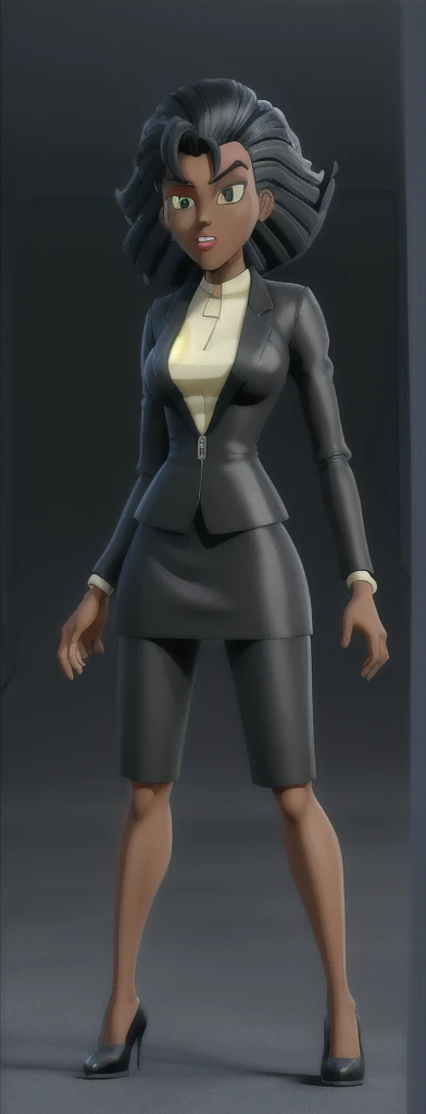 90s style Anime Evil black skinned business woman in a skirt suit 