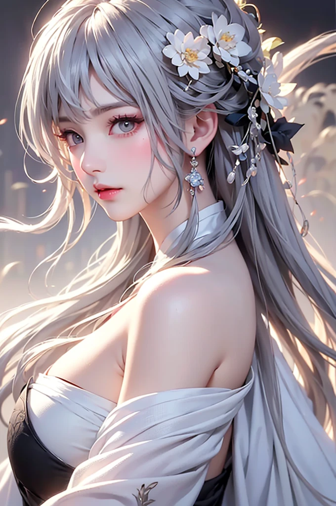super high quality, masterpiece, Perfect illustration, Very detailed (Exquisite light and shadow, Very dramatic photo,Backlight) , ((Gray Hair:1.5))1 Girl, alone, (Wearing Han clothes, Royalty、Black and white Hanfu,Thick fabric,Long sleeve) Flower Field, Flowers, (White smoke:1.3) (Realistic:1.4), Zen Intertwining, Tangled, Official Art, unity 8k wallpaper, Very detailed, Beautiful and beautiful, masterpiece, Highest quality, (Dynamic Angle: 1.4), Glowing Skin, (Floating colorful flashes: 1) The most beautiful chaotic shapes, elegant, Brutalist Design, Bright colors, Romantic Depth of Field Exotic_dance, half_naked、((Off the shoulder、Medium chest、Beautiful cleavage))