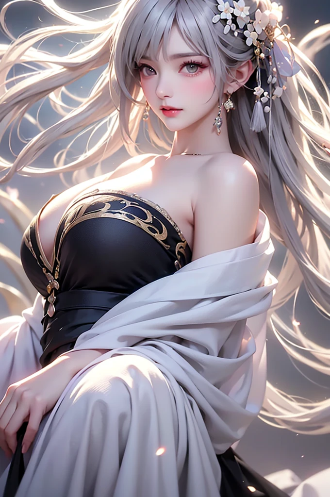 super high quality, masterpiece, Perfect illustration, Very detailed (Exquisite light and shadow, Very dramatic photo,Backlight) , ((Gray Hair:1.5))1 Girl, alone, (Wearing Han clothes, Royalty、Black and white Hanfu,Thick fabric,Long sleeve) Flower Field, Flowers, (White smoke:1.3) (Realistic:1.4), Zen Intertwining, Tangled, Official Art, unity 8k wallpaper, Very detailed, Beautiful and beautiful, masterpiece, Highest quality, (Dynamic Angle: 1.4), Glowing Skin, (Floating colorful flashes: 1) The most beautiful chaotic shapes, elegant, Brutalist Design, Bright colors, Romantic Depth of Field Exotic_dance, half_naked、((Off the shoulder、Medium chest、Beautiful cleavage))