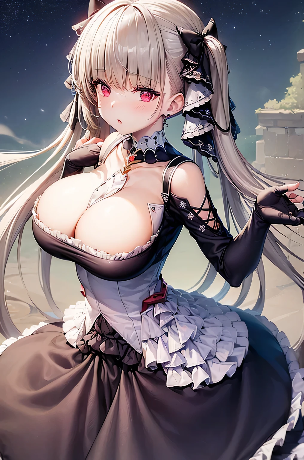 ((dress_default, terrific_default)):1.5,((solo, 1girl)) ((masterpiece,Highest quality,Highly detailed images,Beautiful images、Realistic、Dutch Angle)), (Bright lighting overall、Backlight、A fantastic atmosphere、Thick Fog、Dust flutters),(Dynamic pose、Looking up、Beautiful cleavage、large breasts)1.2, ((Beautiful starry sky:1.5、Rooftop:1.2))((Lift your chest with your arms))、Black sleeves
