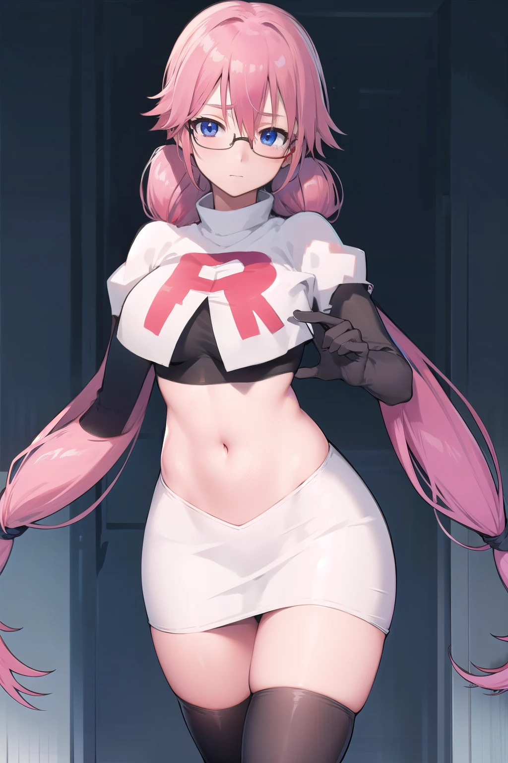 airisakura, airi sakura, blue eyes, glasses, long hair, pink hair, (low twintails:1.5),
BREAK glasses, team rocket,team rocket uniform,white skirt,red letter R,crop top,black thigh-highs,black elbow gloves,
BREAK looking at viewer, 
BREAK (masterpiece:1.2), best quality, high resolution, unity 8k wallpaper, (illustration:0.8), (beautiful detailed eyes:1.6), extremely detailed face, perfect lighting, extremely detailed CG, (perfect hands, perfect anatomy),