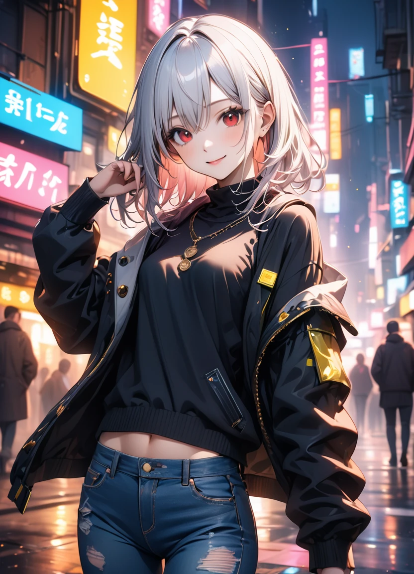 1girl, , slim, small breasts, white hair, hairs between eyes, shoulder length hair, pale skin, bright red eye:1.3, white duffle coat and long-sleeve black sweater, open jacket, jeans, gold pocket watches hanging from the neck, BREAK kawaii, smile, cowboy shot, pose, (cyberpunk night city:1.3), neon light, (light particle:1.3), BREAK smooth skin, cinematic lighting, volumetric shadow, BREAK source_anime, score_9, score_8_up, score_7_up, (masterpiece:1.2), (best quality:1.2), (very aesthetic:1.2), (absurdres:1.2), (detailed background), newest, (intricate:1.2), ai-generated, BREAK
