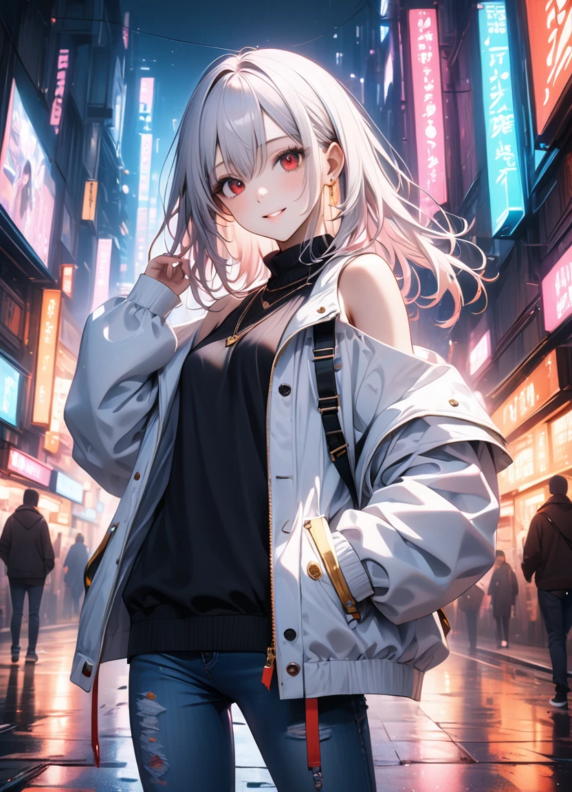 1girl, 15 years old, slim, small breasts, white hair, hairs between eyes, shoulder length hair, pale skin, bright red eye:1.3, white duffle coat and long-sleeve black sweater, open jacket, jeans, gold pocket watches hanging from the neck, BREAK kawaii, smile, cowboy shot, pose, (cyberpunk night city:1.3), neon light, (light particle:1.3), BREAK smooth skin, cinematic lighting, volumetric shadow, BREAK source_anime, score_9, score_8_up, score_7_up, (masterpiece:1.2), (best quality:1.2), (very aesthetic:1.2), (absurdres:1.2), (detailed background), newest, (intricate:1.2), ai-generated, BREAK