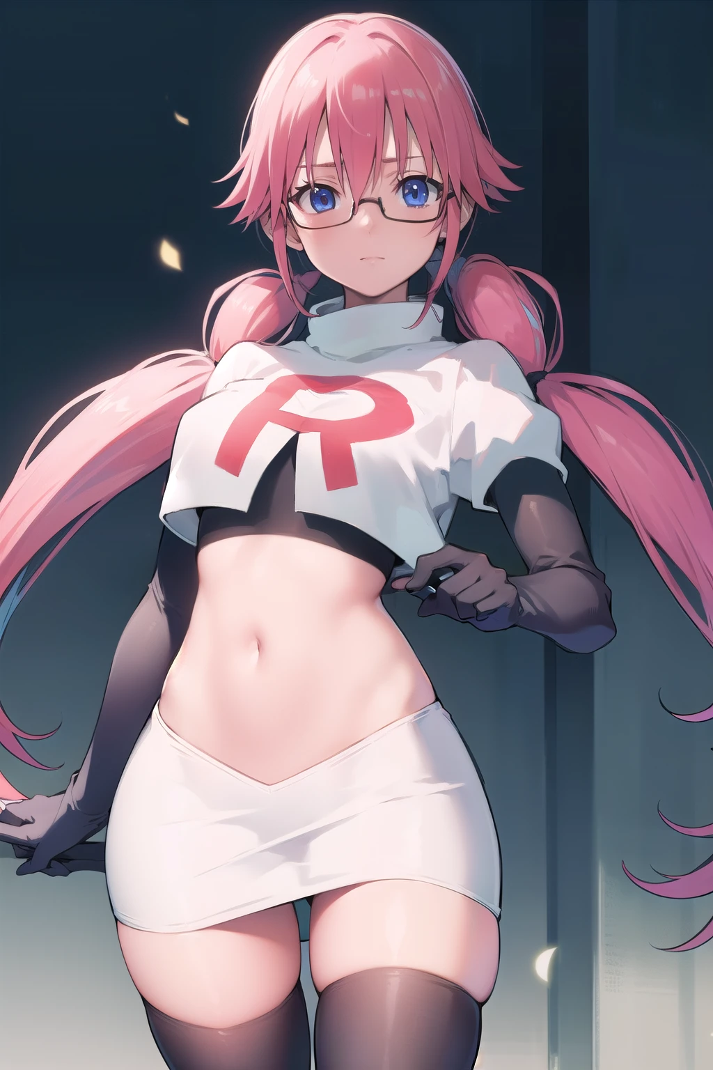 airisakura, airi sakura, blue eyes, glasses, long hair, pink hair, (low twintails:1.5),
BREAK glasses, team rocket,team rocket uniform,white skirt,red letter R,crop top,black thigh-highs,black elbow gloves,
BREAK looking at viewer, 
BREAK (masterpiece:1.2), best quality, high resolution, unity 8k wallpaper, (illustration:0.8), (beautiful detailed eyes:1.6), extremely detailed face, perfect lighting, extremely detailed CG, (perfect hands, perfect anatomy),