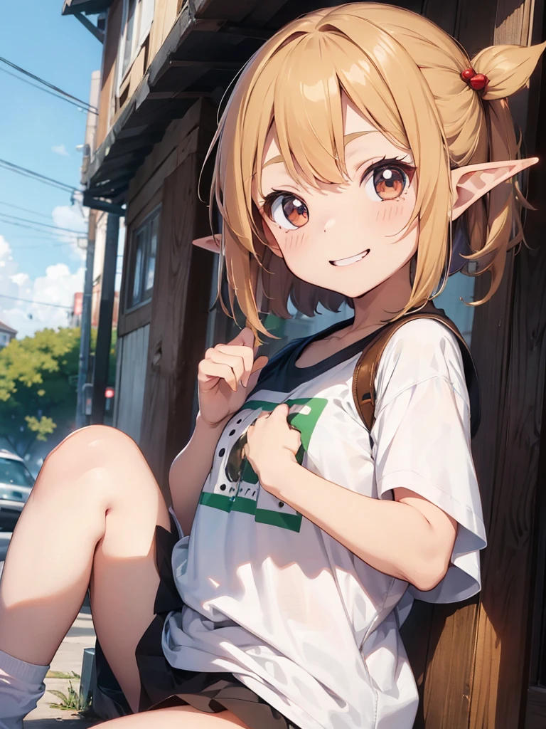 (chibi-style), an little cute elf girl, (over large size t-shirts), smile