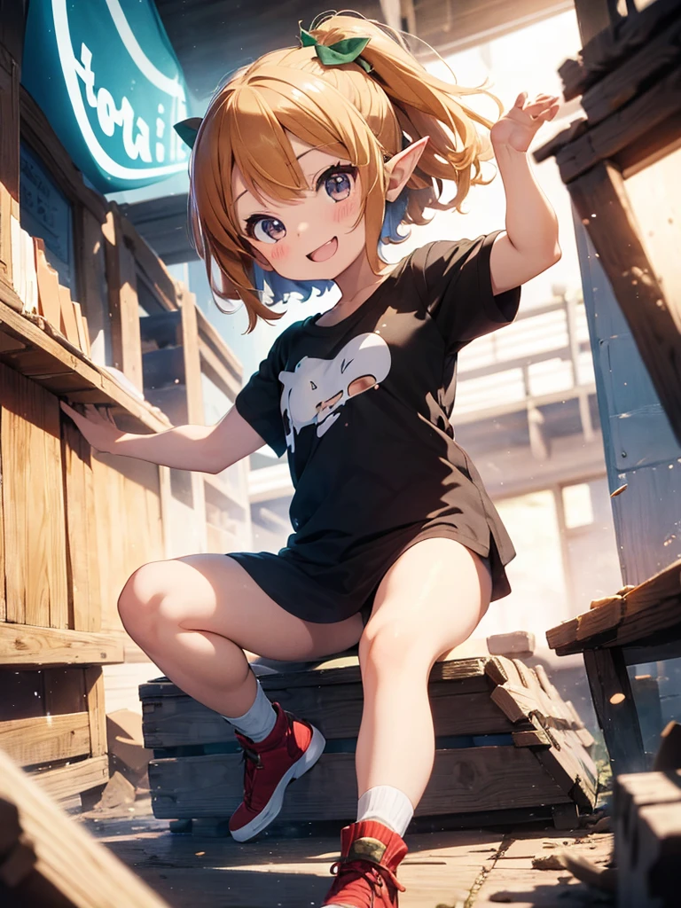 (chibi-style), an  cute elf girl, (over large size t-shirts), smile 