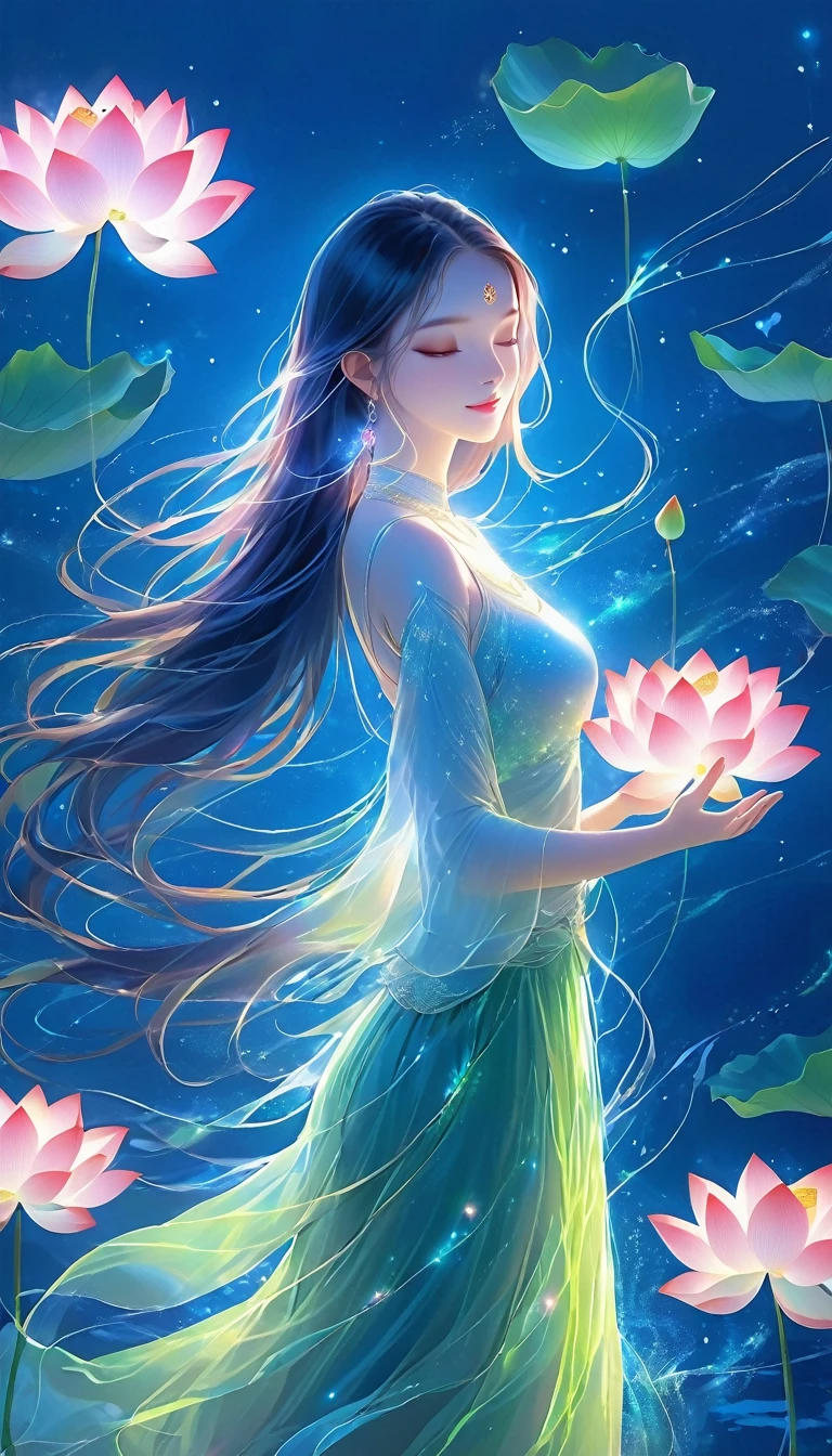 (masterpiece, best quality:1.2), Digital Art Style, Charming illustrations,Peace Pictures，1 girl, A lotus，Solitary，Hands together，Flowing long hair，Body Glow，Long skirt，Glowing Line，Fluorescence,Glow Example，Sample trace，flash，萤Light Particles，Backlight，translucent，Light Particles，Correct human ???????，