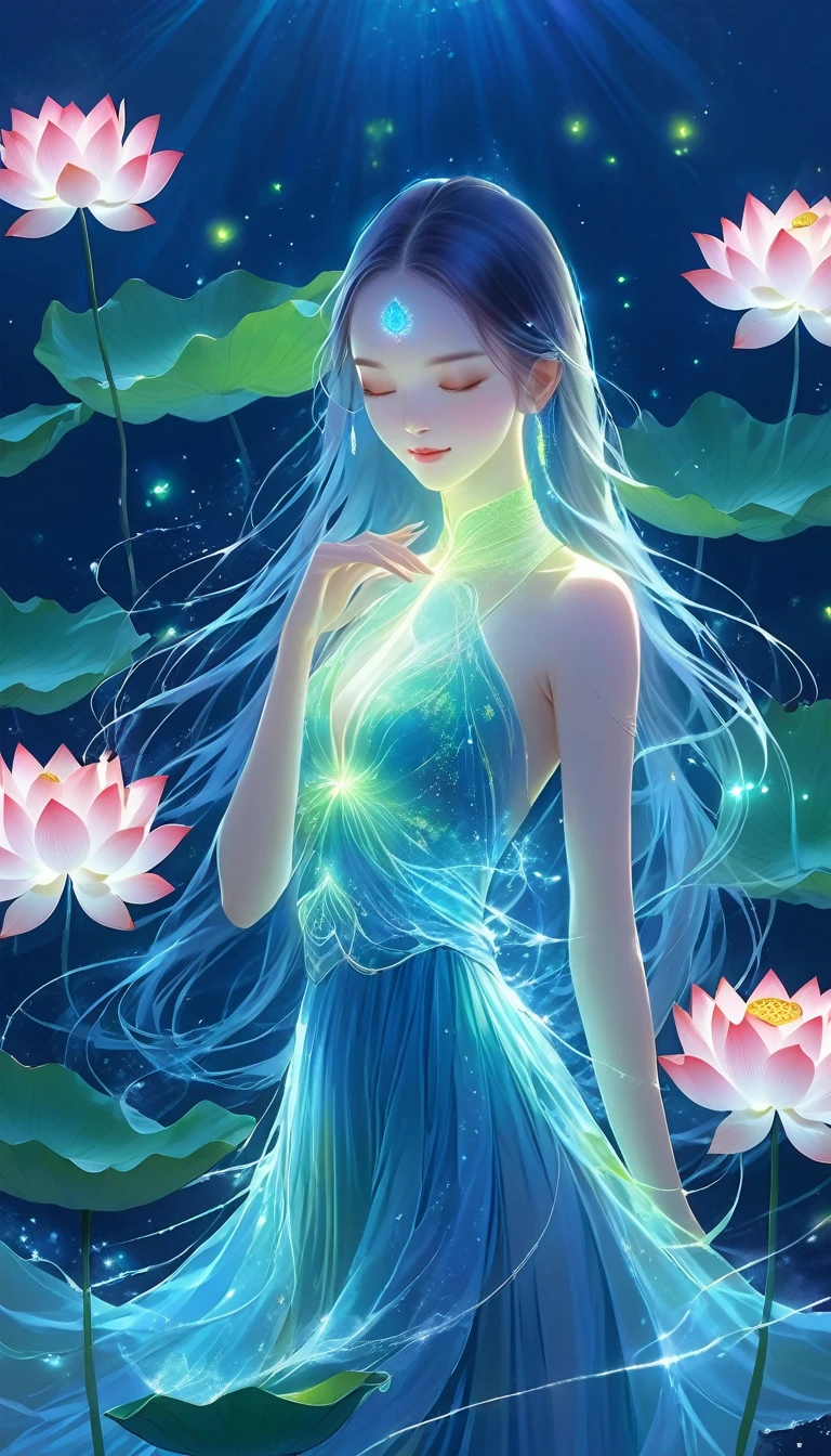 (masterpiece, best quality:1.2), Digital Art Style, Charming illustrations,Peace Pictures,1 girl, A lotus,Solitary,Hands together,Flowing long hair,Body Glow,Long skirt,Glowing Line,Fluorescence,Glow Example,Sample trace,flash,萤Light Particles,Backlight,translucent,Light Particles,Correct human anatomy,