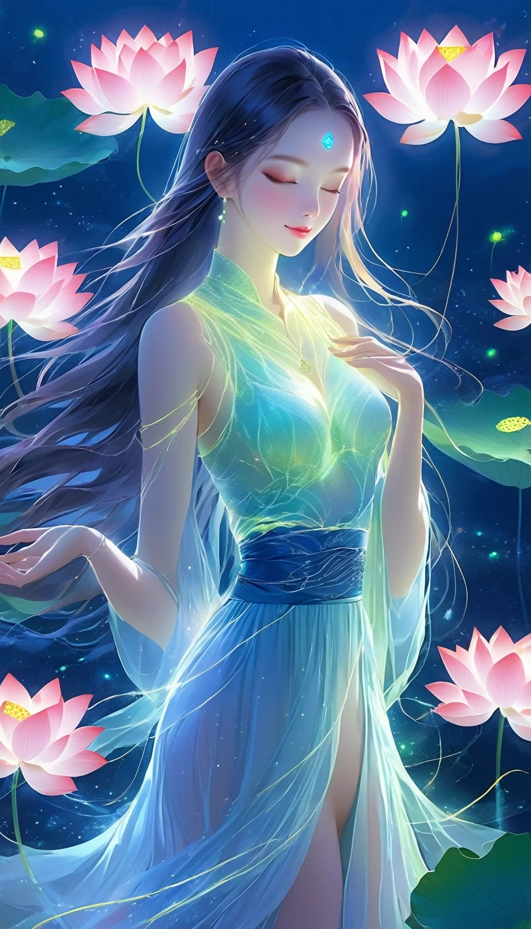(masterpiece, best quality:1.2), Digital Art Style, Charming illustrations,Peace Pictures，1 girl, A lotus，Solitary，Hands together，Flowing long hair，Body Glow，Long skirt，Glowing Line，Fluorescence,Glow Example，Sample trace，flash，萤Light Particles，Backlight，translucent，Light Particles，Correct human anatomy，