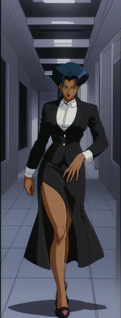90s style Anime Evil black skinned business woman in a skirt suit