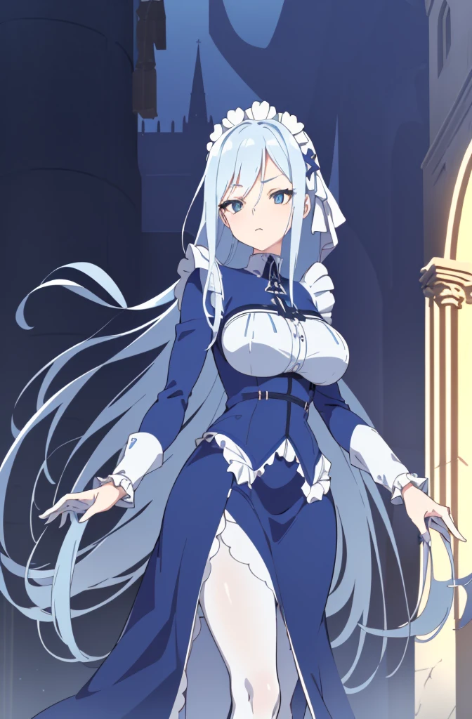 ((cathedral background)),1 girl! Ray tracing, best shadows, high resolution (dim lighting) blue hair, plump and slender girl, (girl wearing white shirt, black wrinkled skirt, with black transparent pantyhose), showing a delicate slim figure and graceful curves, correctly positioned and reasonable limbs! facial details! Delicate facial features, pay attention to the position details of the legs! Pay attention to hand details! High quality! More eligible! Reduce errors, ultra-detailed CG, more reasonable picture! Delicate finger detailing,((blue medium hair)),((White Maid Costume)),blue eyes,((whole body)),whole body,((White Maid Costume)),((White Maid Costume)),evil smile,((cathedral background)),((cathedral background)),