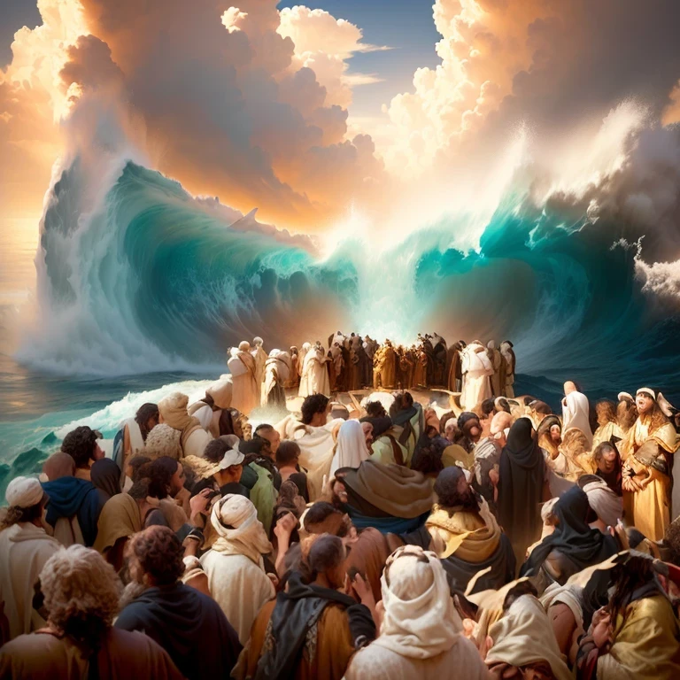 blurred image of a group of people in front of a large wave, epic biblical representation, moisés, biblical art, bible illustration, Exodus 1:4 : 2 1 & 2 2, red sea, biblical epic film, biblical painting, biblical art style, prophetic art, biblical image, por Scott M. Fischer, Caríbdis, album, tsunami