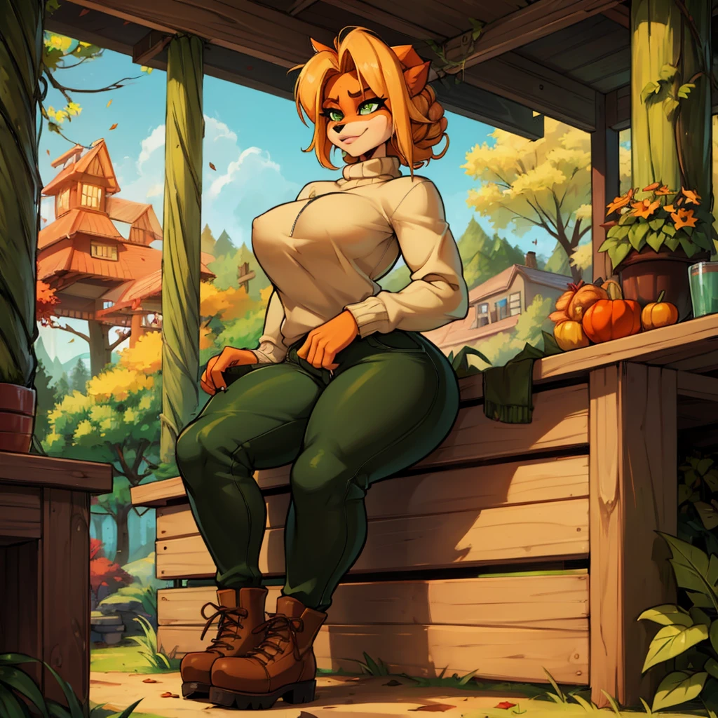 anthro bandicoot girl redhead, braided hair, beautiful green eyes, sexy ,seductive, warm sweater, , camouflage pants, army boots, , Cozy autumn atmosphere, , the forest, autumn , Girl in sweater, ,trousers, army boots, furry anthro bandicoot, seductive facial expression, hands to pants,Unzipped Pants, dynamic pose, 