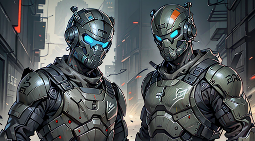 Character design sheet、male、Black combat uniform、Body Armor、Powered Suit、Full Face Mask、cyber punk、round head full face helmet