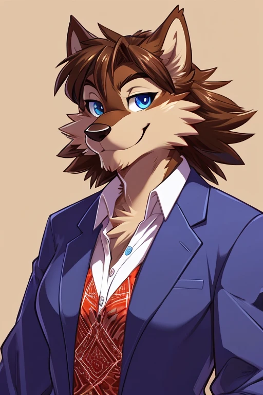 Scribble wolf face, soft face, Humanity(brown wolf), ( brown hair:1.3),Smile,,( eyebrows:1.1),,(perfect blue eyes:1.4),simple background, background,print style, skinny, wearing lawyer formal clothes, smiling softly, adult female, old lady(Artist:Takemoto Arashi)