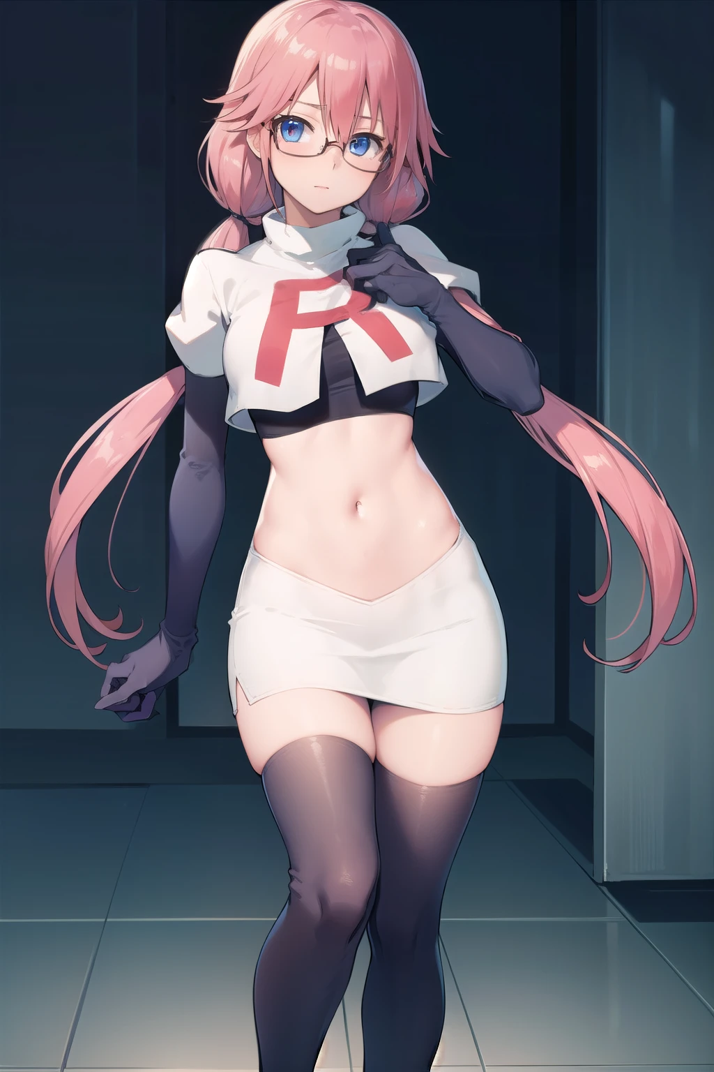 airisakura, airi sakura, blue eyes, glasses, long hair, pink hair, (low twintails:1.5),
BREAK glasses, team rocket,team rocket uniform,white skirt,red letter R,crop top,black thigh-highs,black elbow gloves,
BREAK looking at viewer, 
BREAK (masterpiece:1.2), best quality, high resolution, unity 8k wallpaper, (illustration:0.8), (beautiful detailed eyes:1.6), extremely detailed face, perfect lighting, extremely detailed CG, (perfect hands, perfect anatomy),