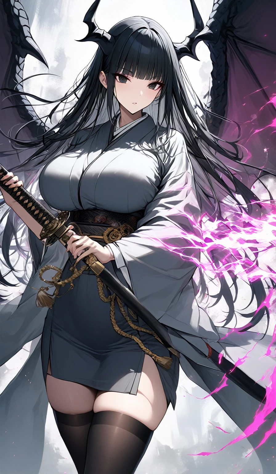 Masterpiece, very detailed, ultra detailed, one, (1 woman), Photo of a woman in a short Japanese yukate with gold details and black stockings, with a black katana in her hand with an aura of death, with black eyes, long black straight hair and straight bangs, with huge breasts, she with black demonic horns and black dragon wings, around her the aura of death