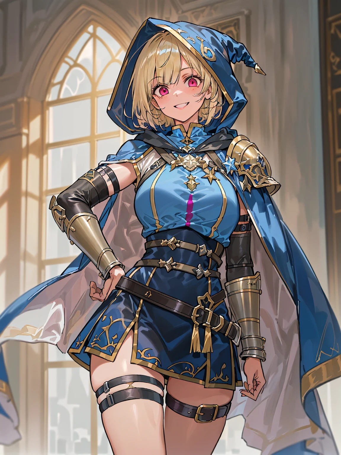 ((High quality, absurd-res, high-res, masterpiece)), ((solo, 1girl)), anime girl, ((youthful girl, slender girl, busty girl, huge breasts:2, heavy breasts, round breasts:2, long legs, slender legs)). ((Blonde hair, platinum blonde hair, short hair, long bangs, straight hair, bob, inverted bob)), ((Silver-pink eyes, detailed eyes)), ((Cute face, pretty face, youthful face, childlike face, detailed face, finely detailed face)), ((happy expression, content expression, serene expression, small smile)). Simple background, inside, indoors, bedroom. ((Fantasy Adventurer, Medieval Fantasy Adventurer, Mage, Knight, Witch, Mage knight, Witch knight, Battlemage)), ((Black dress, corset, blue robes, hooded robes, steel pauldron, steel bracers, thigh strap))