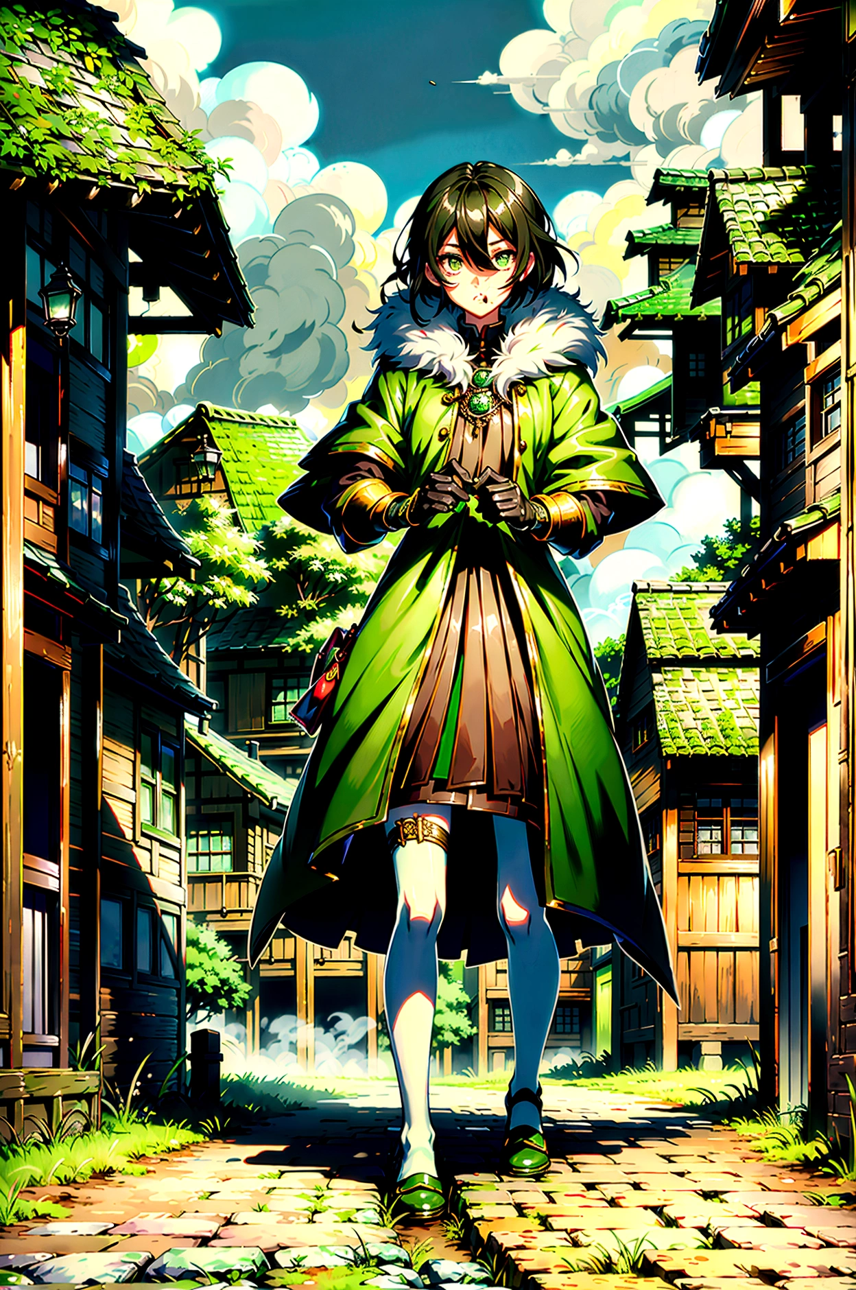 yuichiro hyakuya girl, expressive eyes, 1 girl, black hair, green eyes, brown coat, gray armor, elves, sylvan, green cloak, dark brown gloves, forest, fur trim, anime, standing, good quality, portrait, looking at viewer