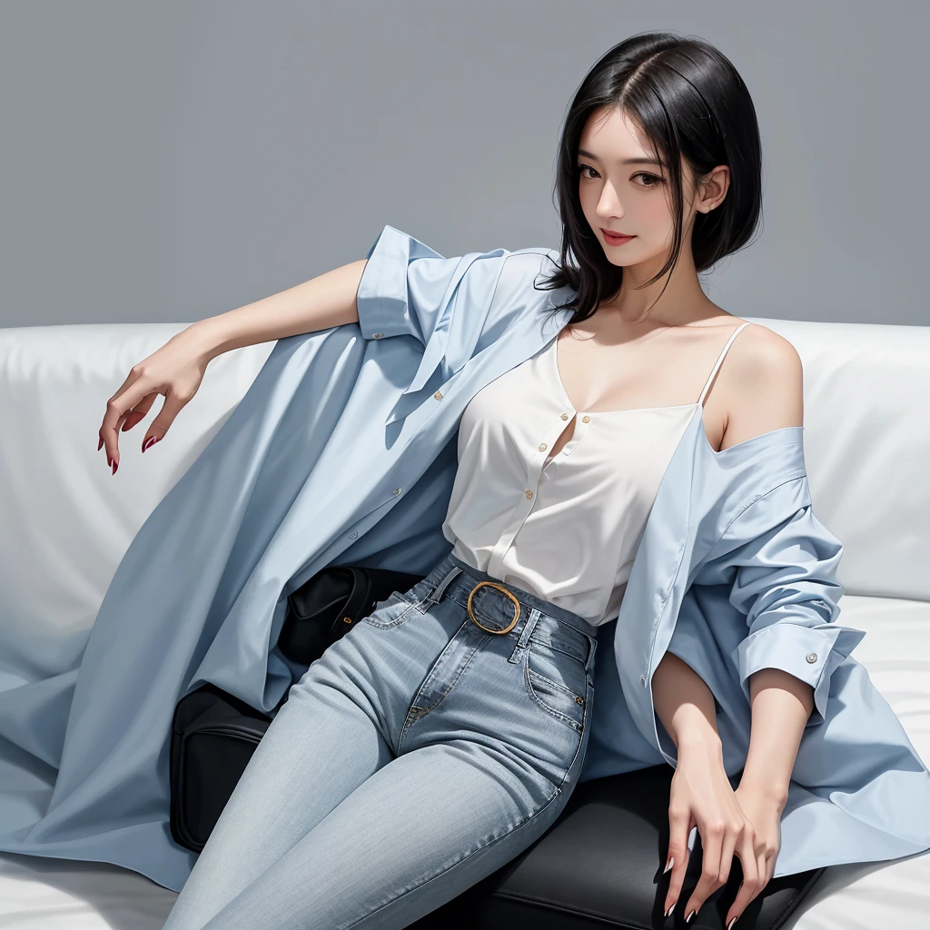woman, Brazilian, 35 years old, straight black hair, captivating but modest smile. The casual set of yellow dress shirt, light blue women's suit and high-waisted jeans shows an elegant and serene woman.
Her hands rest on her waist, showing her nails painted with white nail polish, she rests with one hand on her waist and the other at her side. The dark gray background of the photo highlights your profile
High-quality, hyper-realistic image, 8K Ultra HD