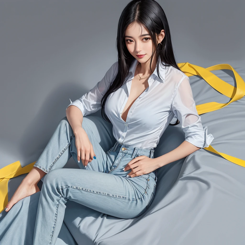 woman, Brazilian, 35 years old, straight black hair, captivating but modest smile. The casual set of yellow dress shirt, light blue women's suit and high-waisted jeans shows an elegant and serene woman.
Her hands rest on her waist, showing her nails painted with white nail polish, she rests with one hand on her waist and the other at her side. The dark gray background of the photo highlights your profile
High-quality, hyper-realistic image, 8K Ultra HD