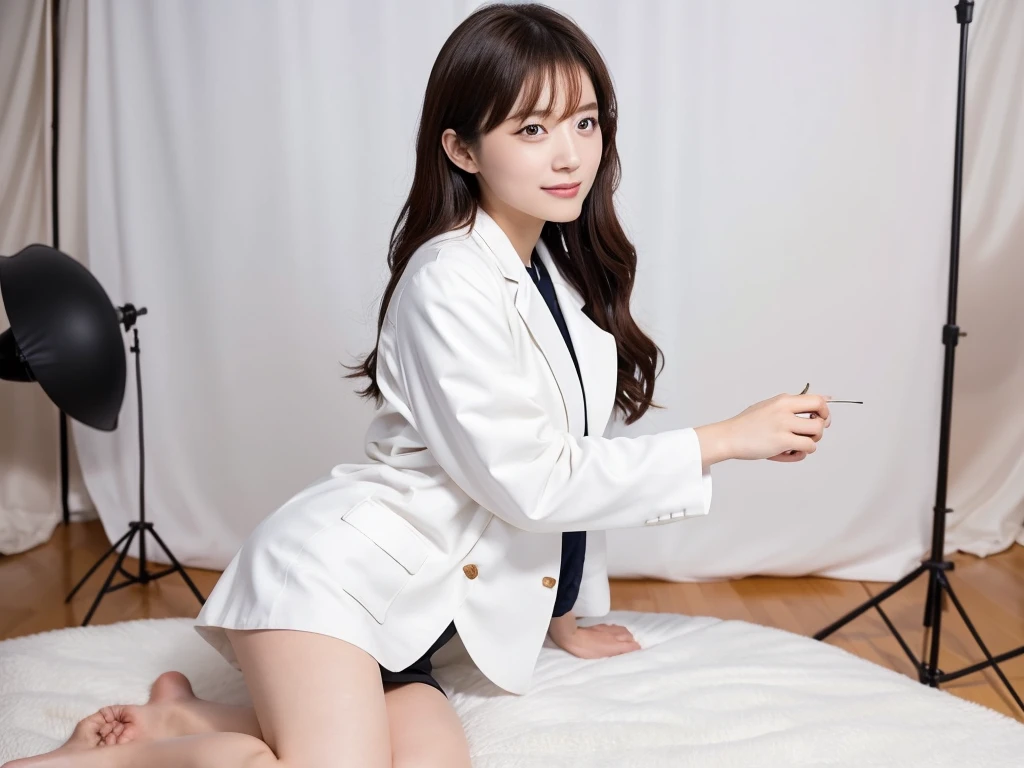 A live-action photo of an extremely beautiful Japanese high school girl race queen who highlights her large breasts and beautiful legs.、Wearing a miniskirt and white lab coat at a photo studio, she takes promotional photos for compensated dating.、She is an eternal idol who combines a clean look with modern charm.。 She creates such beauty。 She feels her own warmth。 She creates a warm atmosphere。 We create beauty。 That's what I want to say。 In her full body photo、The figure features porcelain-like skin and golden hair that radiates a soft glow.。 This is probably、It captured the essence of her timeless charm.、This is the best shot ever.。 Each straight line and curve is carefully expressed.、Breathtakingly beautiful with impeccable detail。 This piece perfectly captures her timeless beauty.。 Divine Proportions、Sharp focus、Full-body photo taken by Kishin Shinoyama、high quality、High resolution、Detailed Background