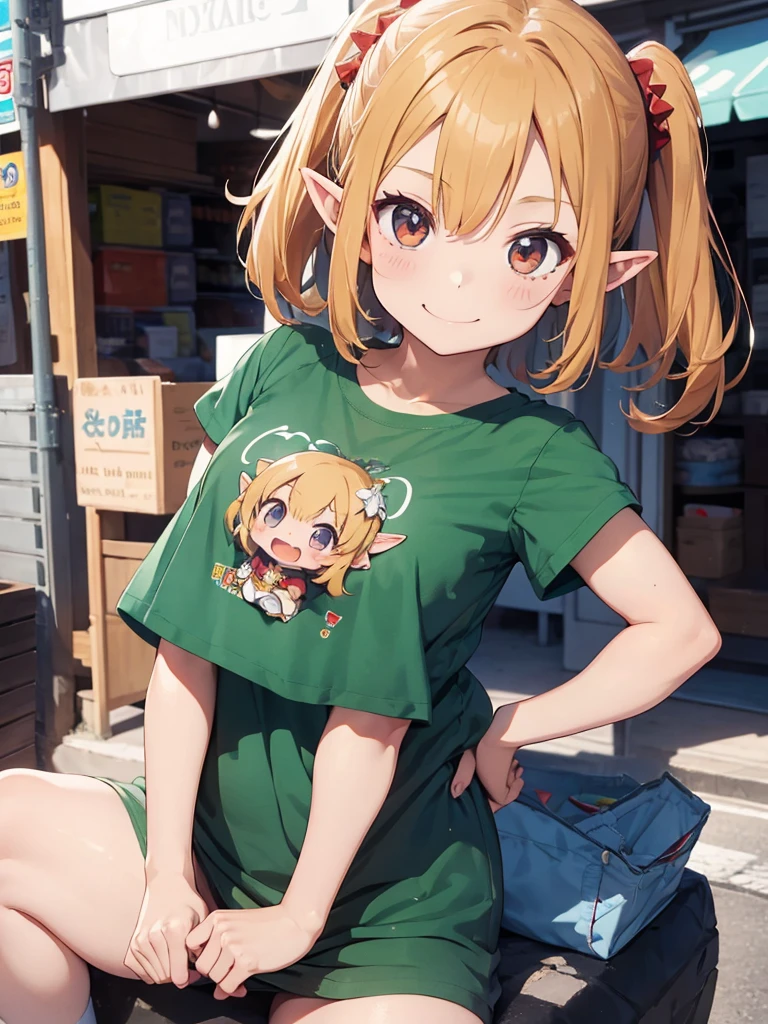 (chibi-style), an cute elf girl, (over large size t-shirts), smile