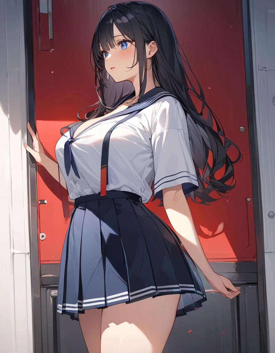 Big breasts, dignified smile, loud laughter, Do々Standing tall woman:1.9 Composition seen from below White summer sailor uniform Navy blue skirt Spirit Short black hair Ponytail:1.9 Straight hair Hair tie Sweep bangs to the side:1.9. Slanted eyes, brown eyes, tall, strong-willed, beautiful